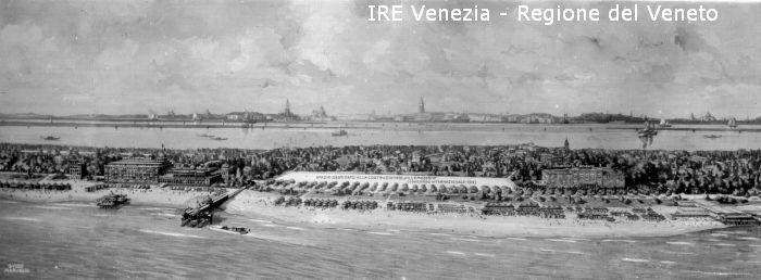 Lido di Venezia, riproduzione manifesto, Guido Marussig, panoramica del Lido  di Filippi, Tomaso (XX)