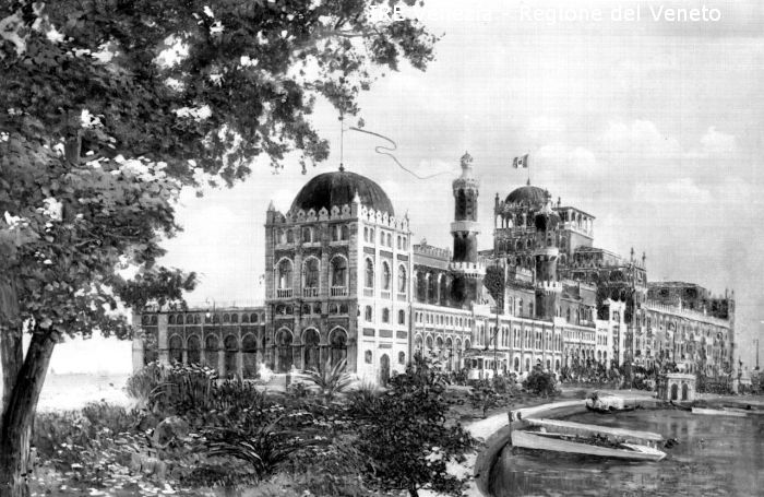 Lido di Venezia, riproduzione dipinto, pittore n.c., veduta dell'hotel Excelsior  di Filippi, Tomaso (XX)