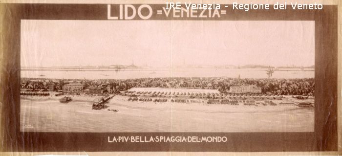 Iscrizioni sopra e sotto l'immagine: "Lido Venezia"; "La più bella spiaggia del mondo" - Iscrizione al centro dell'immagine: "Spazio destinato alla costruzione di ville moderne/ Concorso Internazionale 1914"  di Marussig Guido, Filippi, Tomaso (primo quarto XX)
