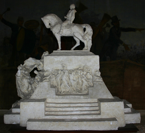 Monumento equestre a Giuseppe Garibaldi, Garibaldi in sella al cavallo è collocato al sommo di un basamento istoriato (BOZZETTO - a tutto tondo, opera isolata) di Bistolfi, Leonardo (ultimo quarto XIX)